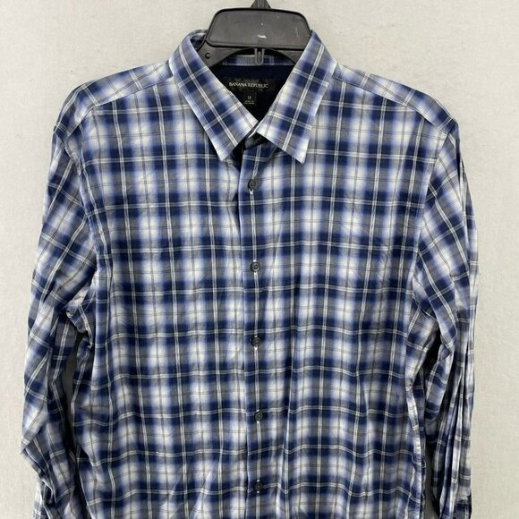 Banana Republic Button-Up Shirt Men Sz M Blue Plaid Collared Long Sleeve Stretch - Picture 6 of 12